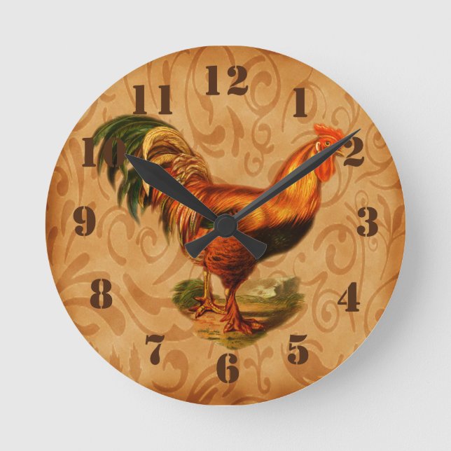 Rustic Country Rooster Ornate Kitchen Round Clock (Front)