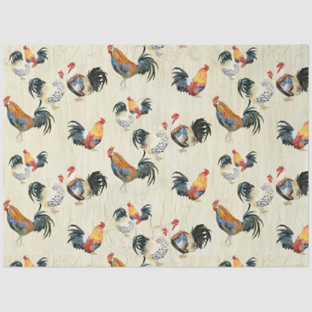 Rustic Country Roosters Watercolor Wood Decoupage Tissue Paper (Front)