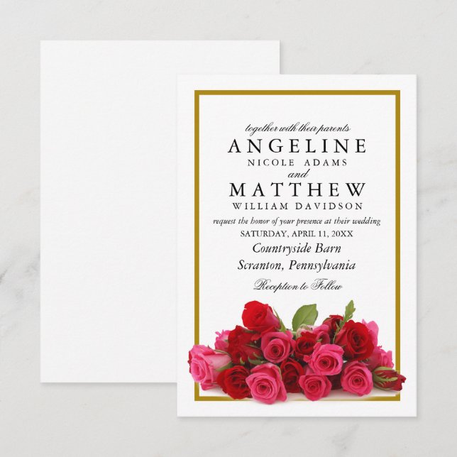 Rustic Country Roses Gold Border Floral Wedding Invitation (Front/Back)