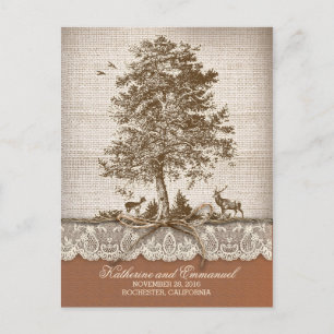 rustic country save the date - burlap lace tree announcement postcard