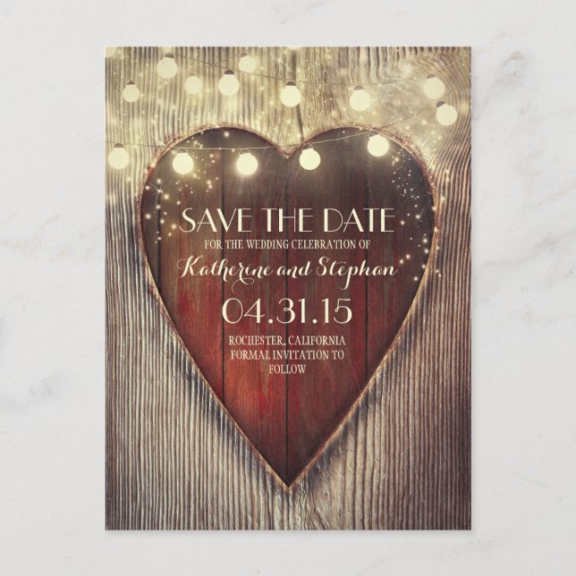 Rustic country save the date & carved heart lights announcement postcard (Front)
