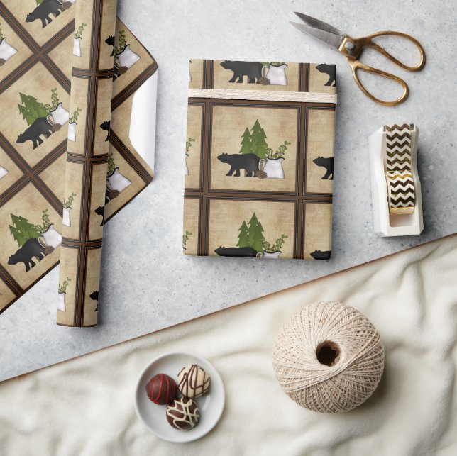 Rustic Country Silhouette Bear and Trees Wrapping Paper (Crafts)
