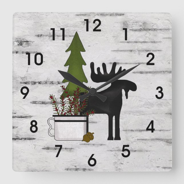 Rustic Country Silhouette Moose and Trees on Birch Square Wall Clock (Front)