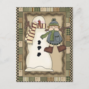 Rustic Country Snowman Holly Berries Open House Holiday Postcard