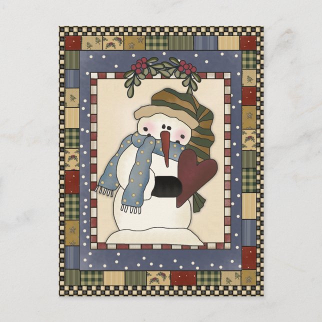 Rustic Country Snowman Holly Berries Open House  Holiday Postcard (Front)
