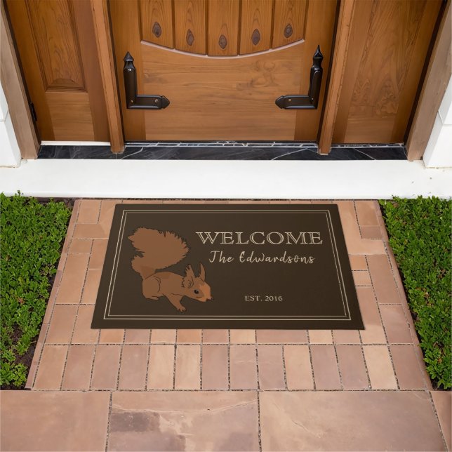 Rustic country squirrel family name Welcome Doormat (Outdoor)