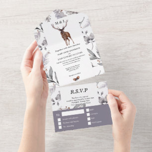Rustic country stag watercolor fall foliage topaz  all in one invitation