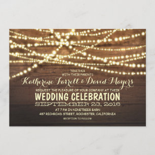 Rustic Country String Lights and Wood Wedding Invitation