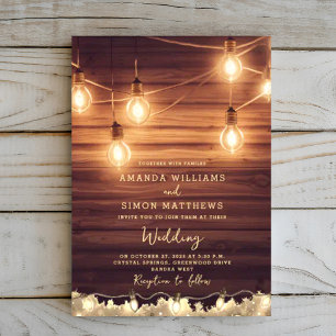 Rustic Country String Lights Barn Wood Wedding Invitation