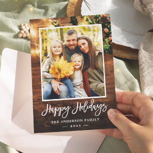 Rustic Country String Lights Family Portrait Photo Holiday Card
