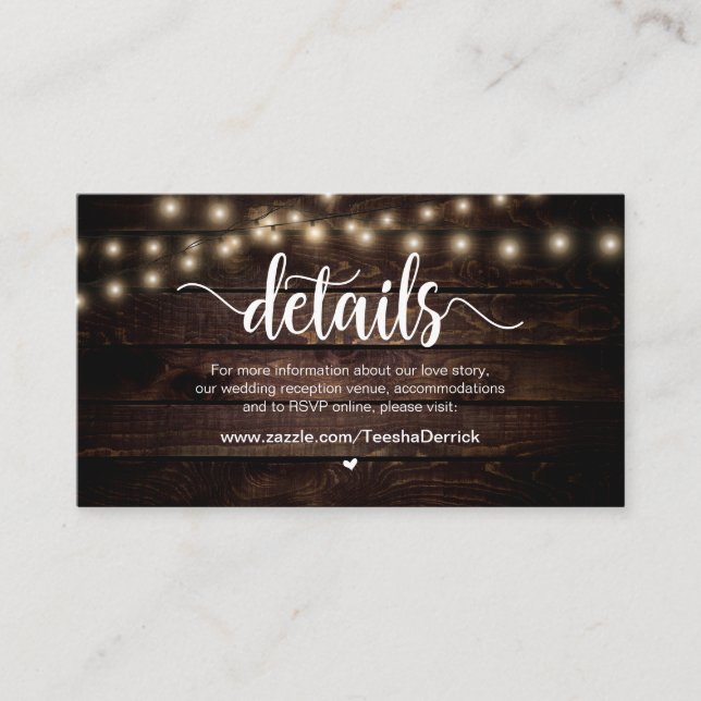 Rustic Country String Lights,  Wedding Details Enclosure Card (Front)