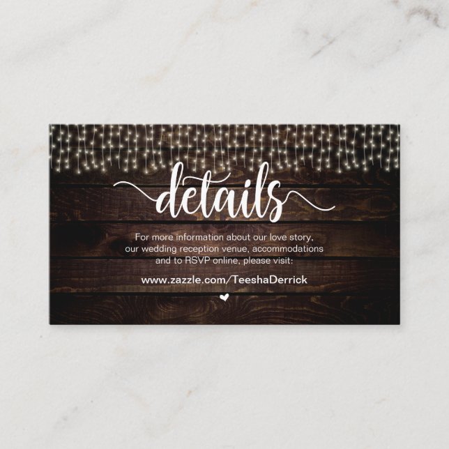 Rustic Country String Lights, Wedding Details Enclosure Card (Front)