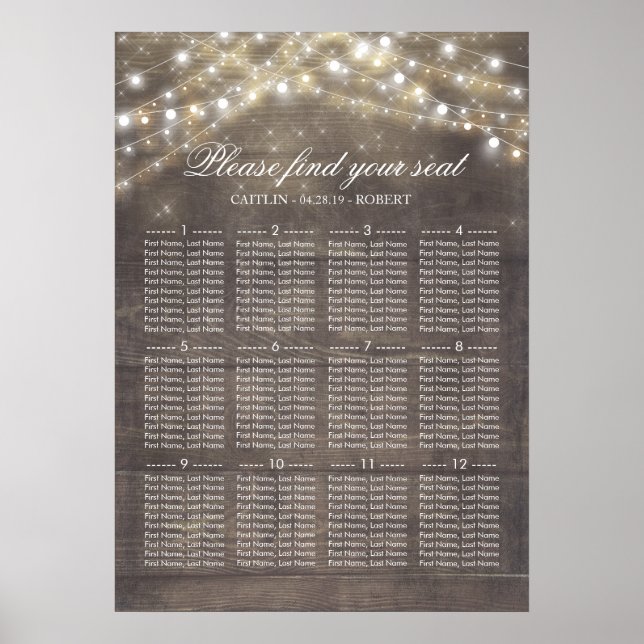 Rustic Country String Lights Wedding Seating Chart (Front)