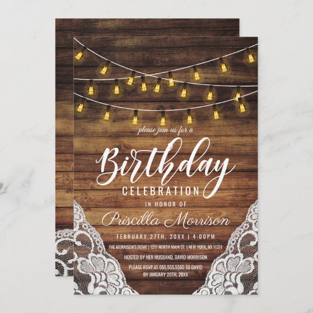 Rustic Country String Lights Wood Lace Birthday Invitation (Front/Back)