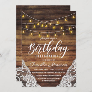 Rustic Country String Lights Wood Lace Birthday Invitation