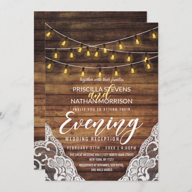 Rustic Country String Lights Wood Lace Evening Invitation (Front/Back)