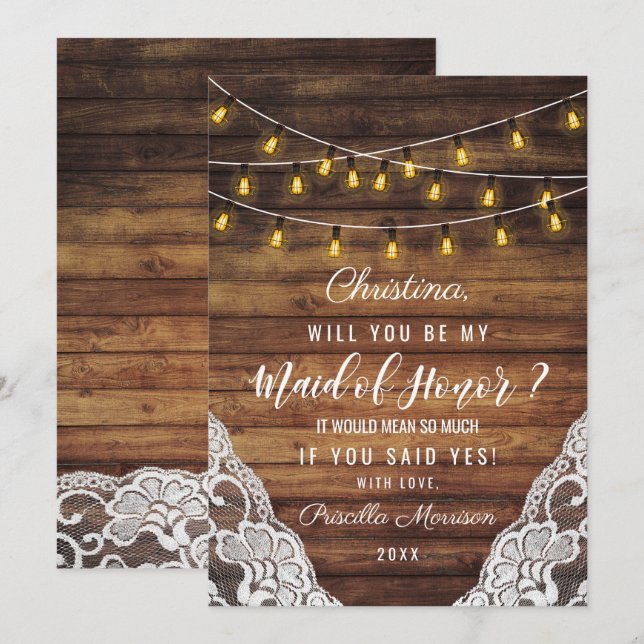 Rustic Country String Lights Wood Lace Maid Honour Invitation (Front/Back)