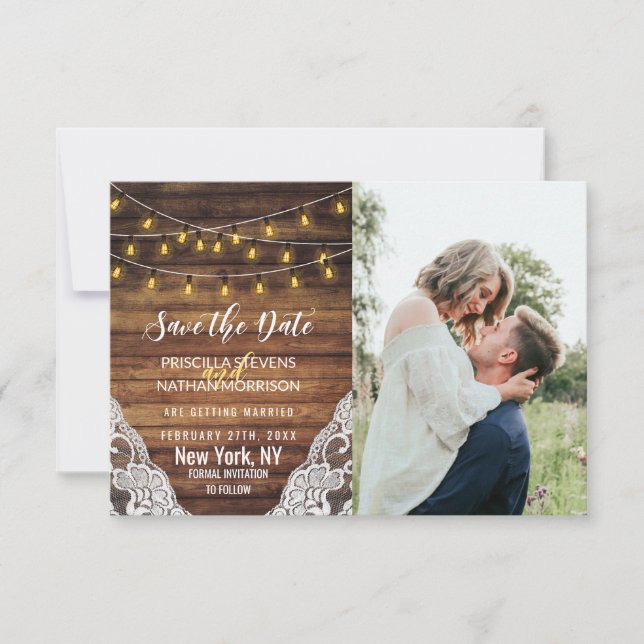Rustic Country String Lights Wood Lace Save The Date (Front)