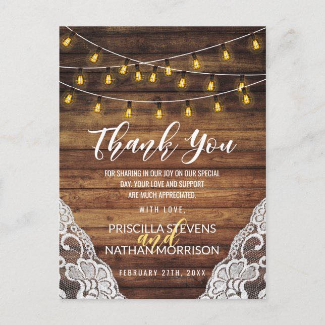 Rustic Country String Lights Wood Lace Thank You Postcard (Front)