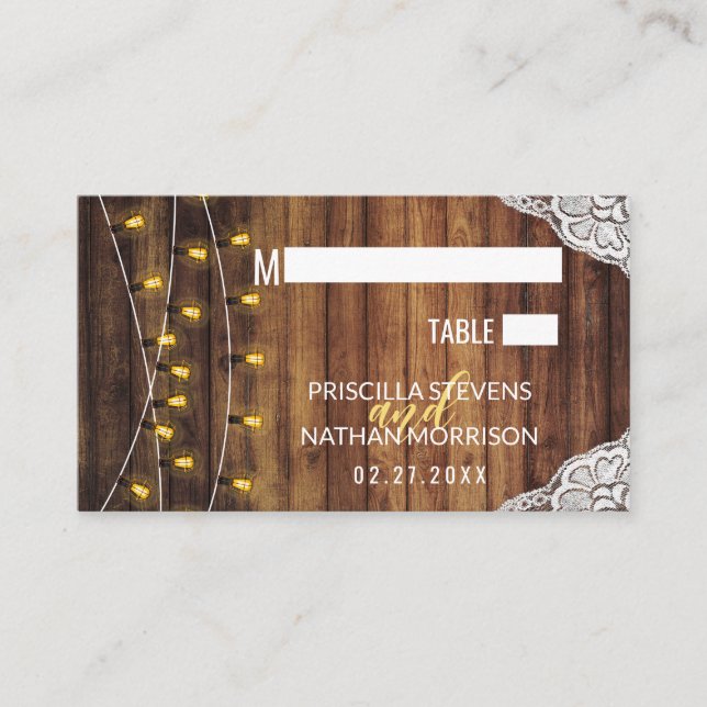 Rustic Country String Lights Wood Lace Wedding Place Card (Front)