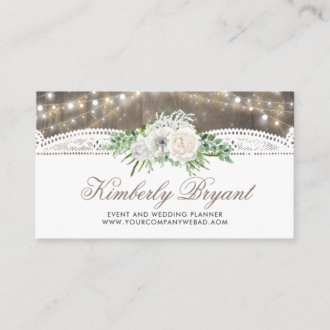 Rustic Country String of Lights Lace Wood Floral Business Card (Front)