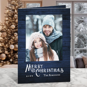 Rustic Country Stylish Photo Blue Wood Plank Print Holiday Card