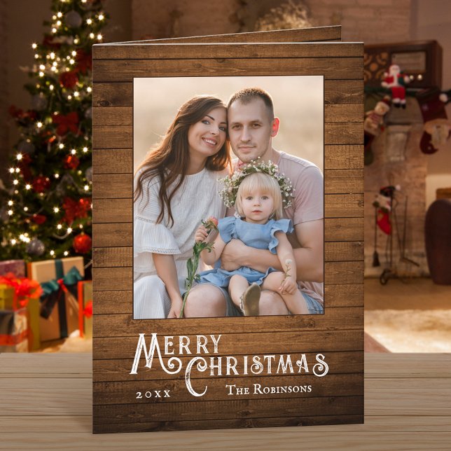 Rustic Country Stylish Photo Wood Plank Print Holiday Card (Available in high quality print or digital download for quick text messaging, email or self print.)