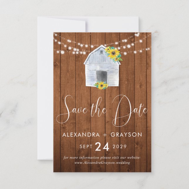 Rustic Country Sunflower Barn String Lights  Save The Date (Front)