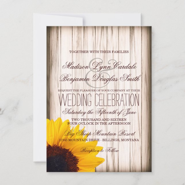 Rustic Country Sunflower Barn Wood Wedding Invites (Front)