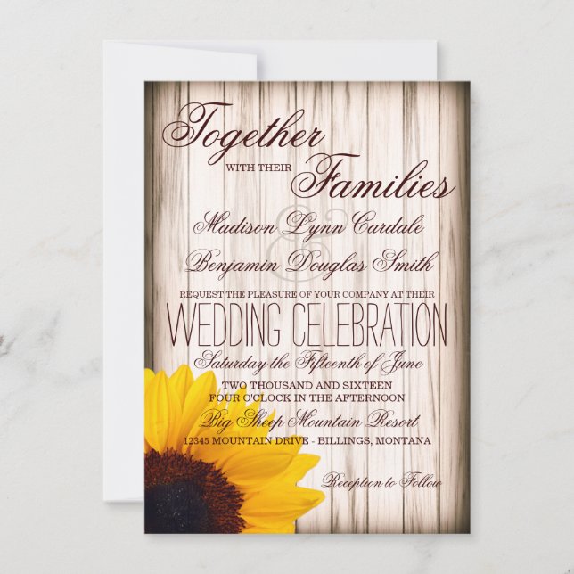Rustic Country Sunflower Barn Wood Wedding Invites (Front)
