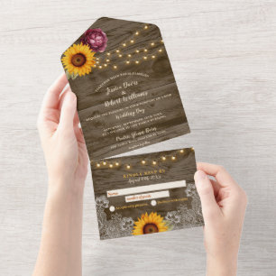 Rustic Country Sunflower & Burgundy Peony Wedding All In One Invitation
