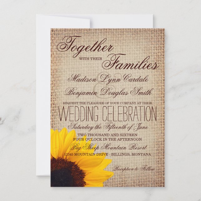 Rustic Country Sunflower Burlap Wedding Invitation (Front)
