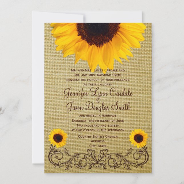 Rustic Country Sunflower Burlap Wedding Invites (Front)