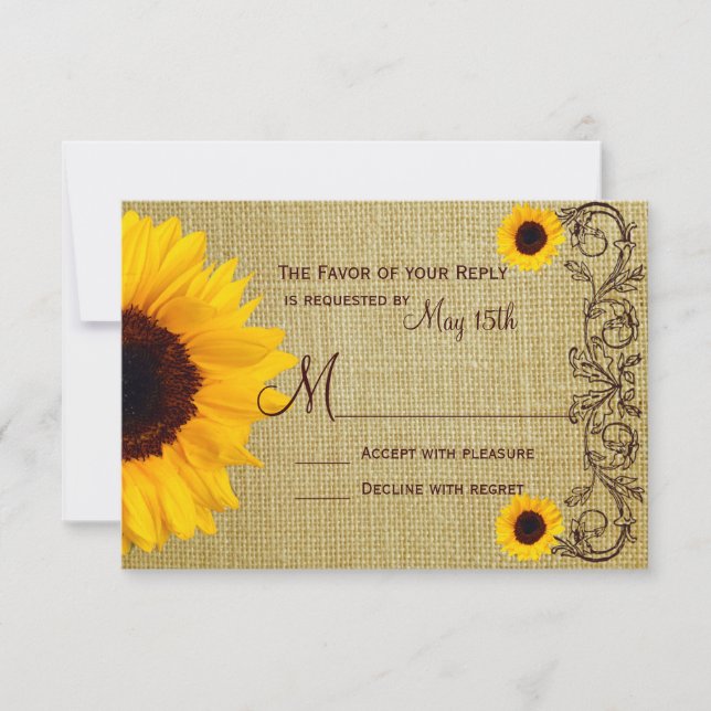 Rustic Country Sunflower Burlap Wedding RSVP Cards (Front)