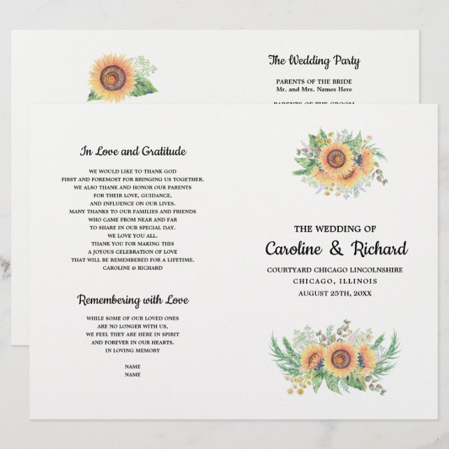 Rustic Country Sunflower Folded Wedding Programs (Front/Back)