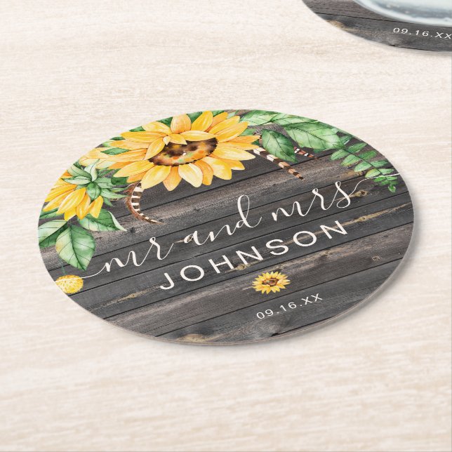 Rustic Country Sunflower Mr and Mrs Wedding Round Paper Coaster (Angled)