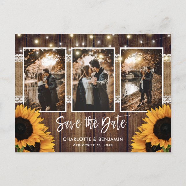Rustic Country Sunflower Photo Save The Date Announcement Postcard (Front)