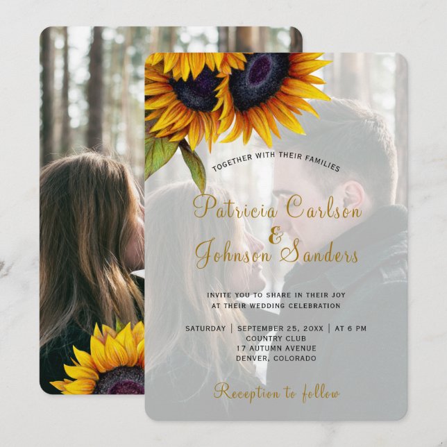 Rustic country sunflower photo wedding invitation (Front/Back)
