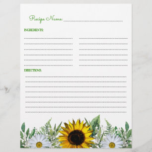 Rustic Country Sunflower Recipe Binder Insert