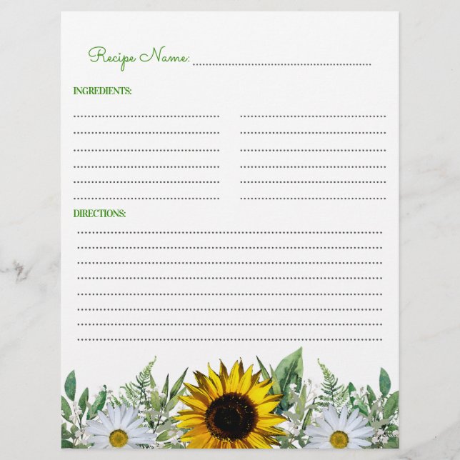 Rustic Country Sunflower Recipe Binder Insert (Front)