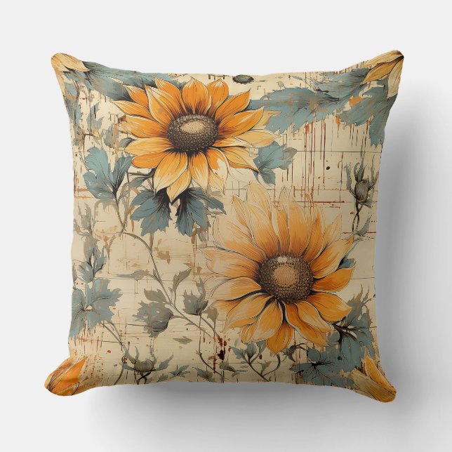 Rustic Country Sunflower Shabby Chic Flower Floral Cushion (Front)