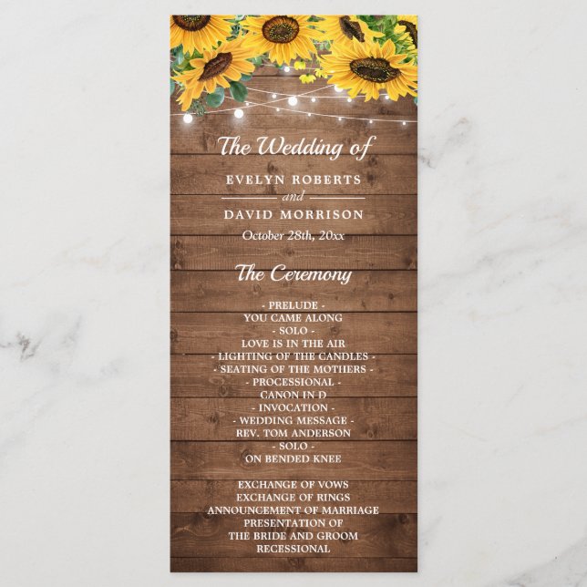 Rustic Country Sunflower String Lights Wedding Programme (Front)