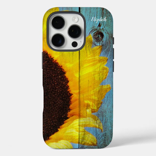 Rustic Country Sunflower Teal Wood Personalised Case-Mate iPhone Case (Back)