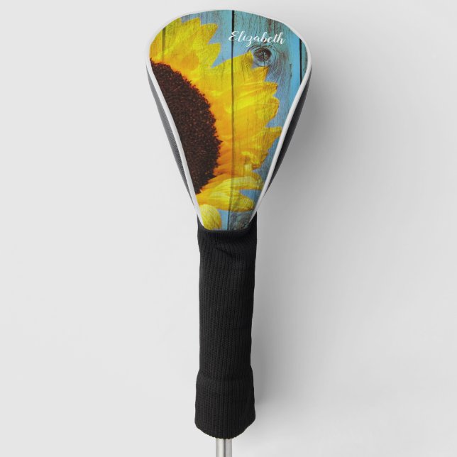 Rustic Country Sunflower Teal Wood Personalised Golf Head Cover (Front)