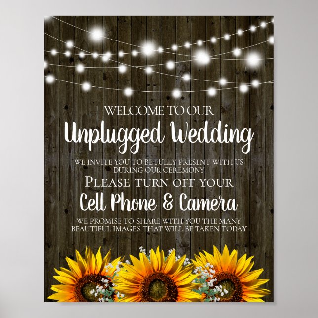 Rustic Country Sunflower Unplugged Wedding Sign (Front)