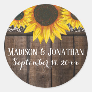 Rustic Country Sunflower Wedding Barn Wood Custom Classic Round Sticker