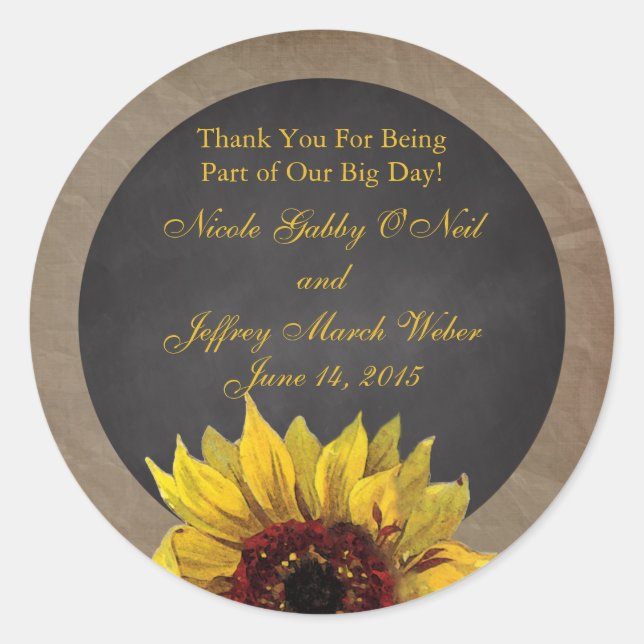 Rustic Country Sunflower Wedding Classic Round Sticker (Front)