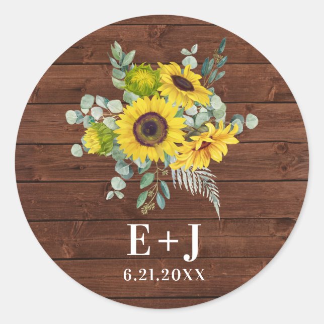 Rustic Country Sunflower Wedding Favour Classic Round Sticker (Front)