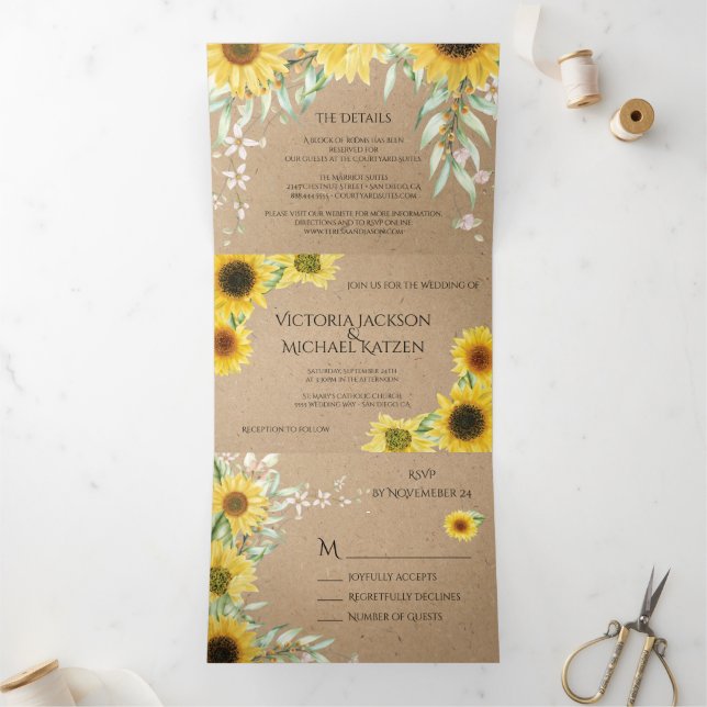 Rustic Country Sunflower Wedding Kraft Paper Tri-Fold Invitation (Inside)