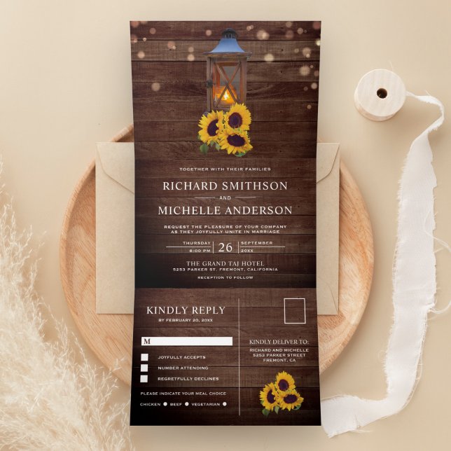 Rustic Country Sunflower Wood Lantern Wedding Tri-Fold Invitation (Creator Uploaded)
